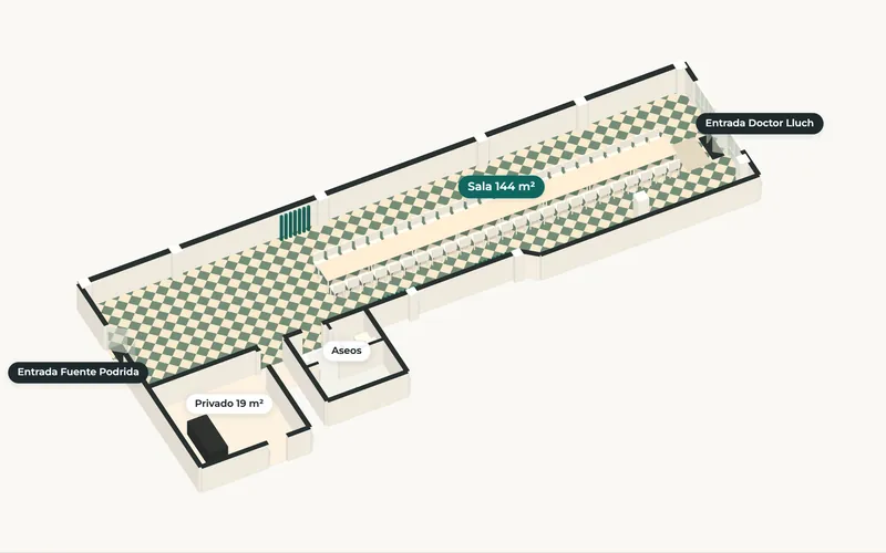 Plano en 3D de Lacasa Multiespacio: sala de 144 m² con entradas por Calle Doctor Lluch y Calle Fuente Podrida